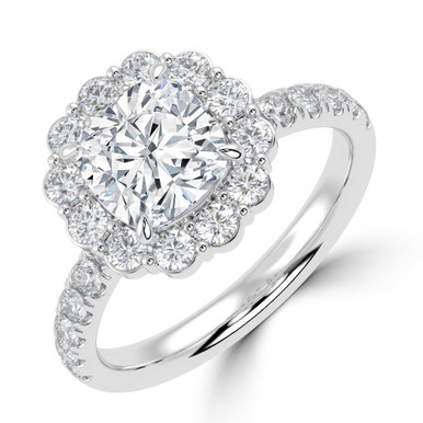 Cushion Diamond 4-Prong Open Bridge Floral Halo Engagement Ring in White Gold (MVSLG1577-W)