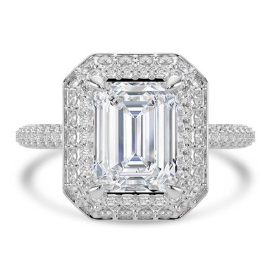 Emerald Diamond 4-Prong 3-Row Pave Dome Halo Engagement Ring in White Gold (MVSLG1527-W)