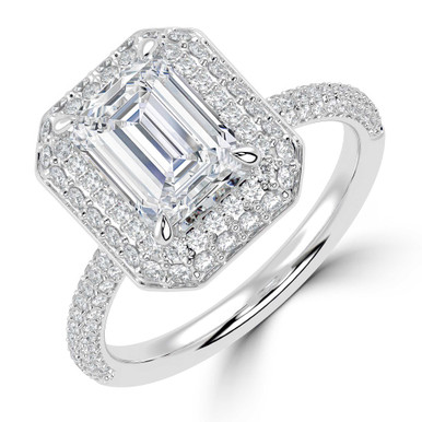 Emerald Diamond 4-Prong 3-Row Pave Dome Halo Engagement Ring in White Gold (MVSLG1527-W)