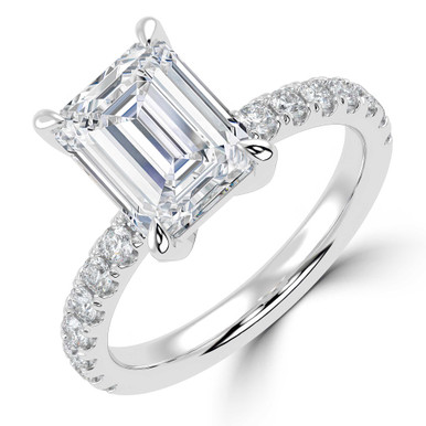 Emerald Diamond 4-Prong Solitaire with Accents Engagement Ring in White Gold (MVSLG1518-W)