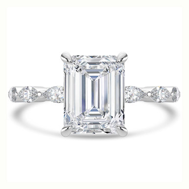 Emerald Diamond Shared Prong Solitaire with Accents Engagement Ring in White Gold with Marquise Accents (MVSLG1504-W)