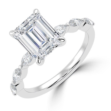 Emerald Diamond Shared Prong Solitaire with Accents Engagement Ring in White Gold with Marquise Accents (MVSLG1504-W)