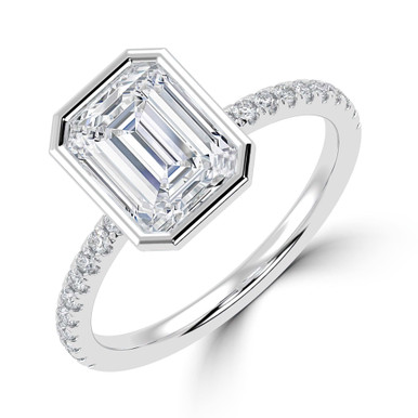 Emerald Diamond Bezel Set Open Bridge Solitaire with Accents Engagement Ring in White Gold (MVSLG1501-W)