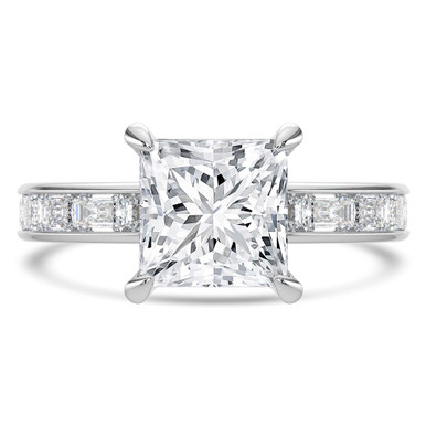 Princess Diamond Hidden Halo Solitaire with Accents Engagement Ring in White Gold with Channel Set Emerald Accents (MVSLG1477-W)