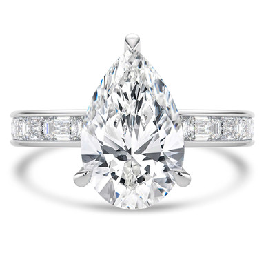 Pear Diamond Hidden Halo Solitaire with Accents Engagement Ring in White Gold with Channel Set Emerald Accents (MVSLG1476-W)
