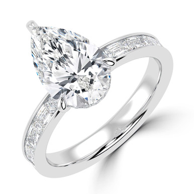 Pear Diamond Hidden Halo Solitaire with Accents Engagement Ring in White Gold with Channel Set Emerald Accents (MVSLG1476-W)