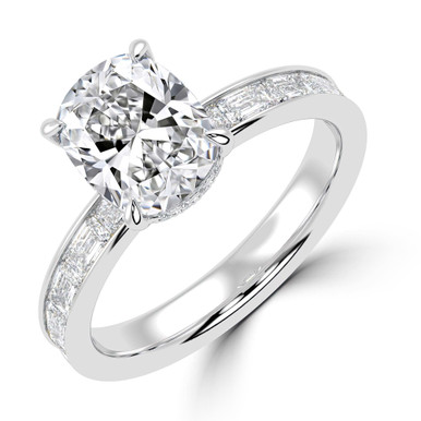 Cushion Diamond Hidden Halo Solitaire with Accents Engagement Ring in White Gold with Channel Set Emerald Accents (MVSLG1475-W)