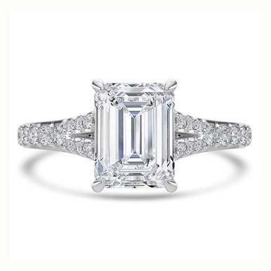 Emerald Diamond Cathedral Split Shank Solitaire with Accents Engagement Ring in White Gold (MVSLG1449-W)