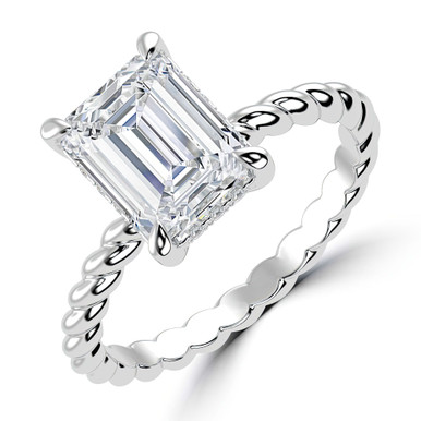 Emerald Diamond Braided Hidden Halo Open Bridge Solitaire with Accents Engagement Ring in White Gold (MVSLG1364-W)