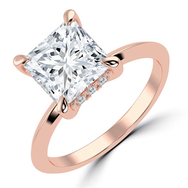 Princess Diamond Tapered Edge Hidden Halo Solitaire with Accents Engagement Ring in Rose Gold (MVSLG1335-R)