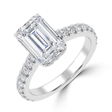 Emerald Diamond Cathedral Open Bridge Hidden Halo Solitaire with Accents Engagement Ring in White Gold (MVSLG1314-W)