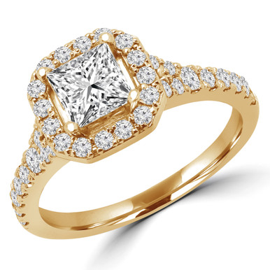 Princess Diamond Cushion Halo Engagement Ring in Yellow Gold
