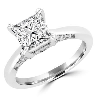 Princess Diamond Vintage Hidden Halo Solitaire with Accents Engagement Ring in White Gold