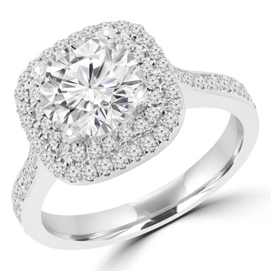 Round Diamond Double Cushion Halo Engagement Ring in White Gold