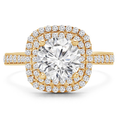 Round Diamond Double Cushion Halo Engagement Ring in Yellow Gold