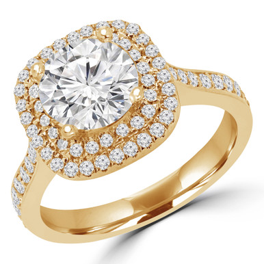 Round Diamond Double Cushion Halo Engagement Ring in Yellow Gold