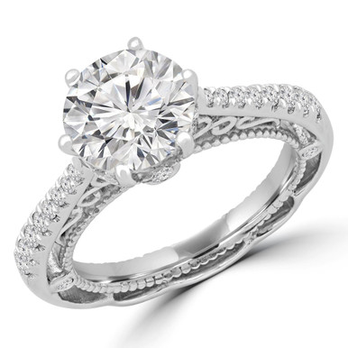Round Diamond Vintage Solitaire with Accents Engagement Ring in White Gold
