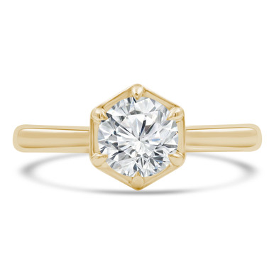 Round Diamond 6-Prong Hexagonal Solitaire Engagement Ring in Yellow Gold