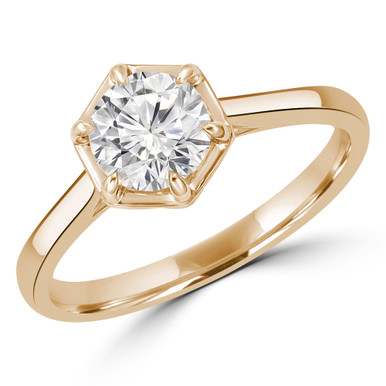 Round Diamond 6-Prong Hexagonal Solitaire Engagement Ring in Yellow Gold