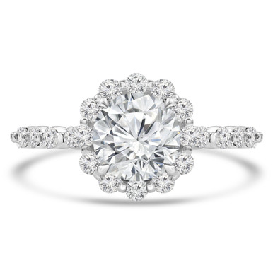 Round Diamond Floral Shared Prong Halo Engagement Ring in White Gold with Accents