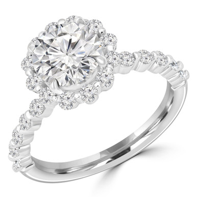 Round Diamond Floral Shared Prong Halo Engagement Ring in White Gold with Accents
