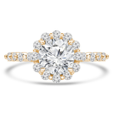 Round Diamond Floral Shared Prong Halo Engagement Ring in Yellow Gold with Accents