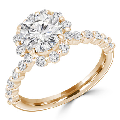 Round Diamond Floral Shared Prong Halo Engagement Ring in Yellow Gold with Accents