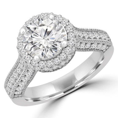 Round Diamond Vintage Rollover Halo Engagement Ring in White Gold with Accents