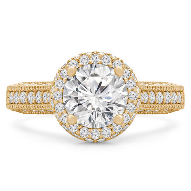 Round Diamond Vintage Rollover Halo Engagement Ring in Yellow Gold with Accents