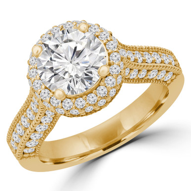 Round Diamond Vintage Rollover Halo Engagement Ring in Yellow Gold with Accents