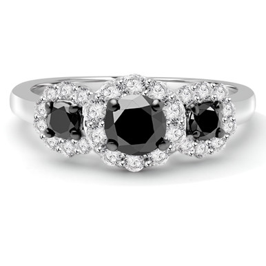 Round Black Diamond Halo Three-stone Engagement Ring in White Gold (MDR140088)