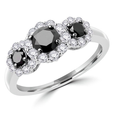 Round Black Diamond Halo Three-stone Engagement Ring in White Gold (MDR140088)