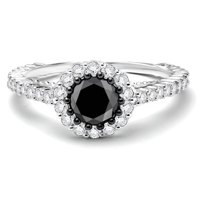 Round Black Diamond Vintage Halo Engagement Ring in White Gold (MDR170031)