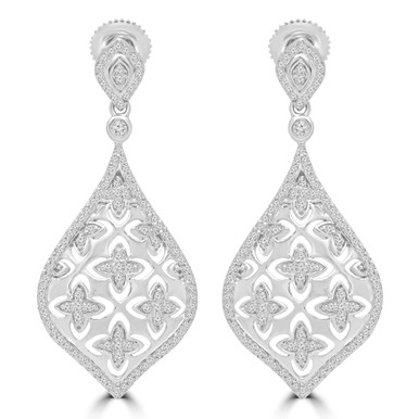 Round Diamond Pear Halo Cushion Cluster Drop/Dangle Earrings in White Gold (MDR180005)