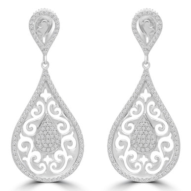 Round Diamond Pear Halo Cluster Drop/Dangle Earrings in White Gold (MDR180014)