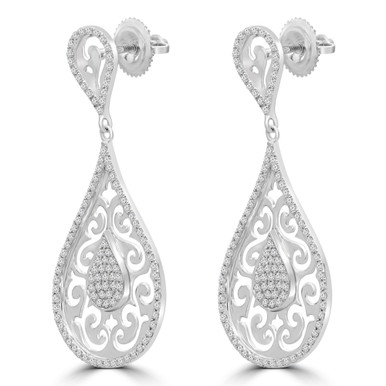 Round Diamond Pear Halo Cluster Drop/Dangle Earrings in White Gold (MDR180014)