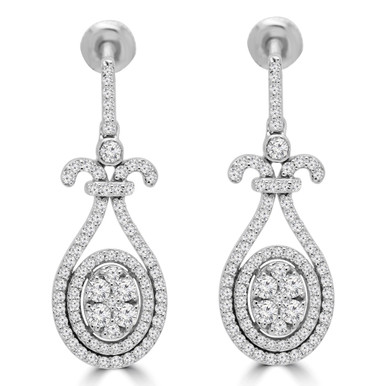 Round Diamond Halo Oval Cluster Drop/Dangle Earrings in White Gold (MDR190004)