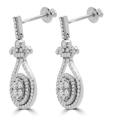 Round Diamond Halo Oval Cluster Drop/Dangle Earrings in White Gold (MDR190004)