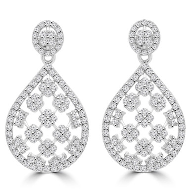 Round Diamond Pear Cushion Cluster Drop/Dangle Earrings in White Gold (MDR190015)