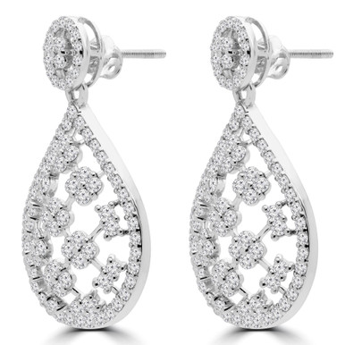 Round Diamond Pear Cushion Cluster Drop/Dangle Earrings in White Gold (MDR190015)