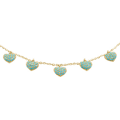 Round Blue Turquoise Cluster Heart Necklace in Yellow Gold (MDR210177)