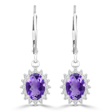 Oval Purple Amethyst & Round Diamond Oval Halo Drop/Dangle Earrings in White Gold (MDR220054)