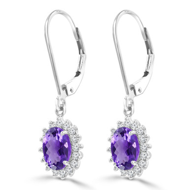 Oval Purple Amethyst & Round Diamond Oval Halo Drop/Dangle Earrings in White Gold (MDR220054)