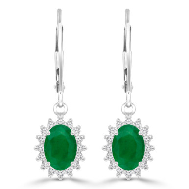 Oval Green Emerald & Round Diamond Oval Halo Drop/Dangle Earrings in White Gold (MDR220055)