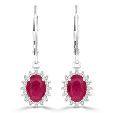 Oval Red Ruby & Round Diamond Oval Halo Drop/Dangle Earrings in White Gold (MDR220056)