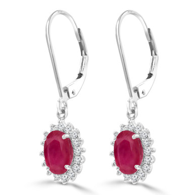Oval Red Ruby & Round Diamond Oval Halo Drop/Dangle Earrings in White Gold (MDR220056)
