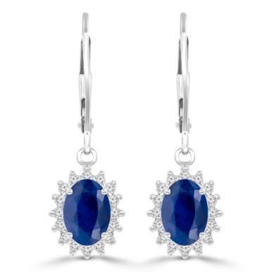 Oval Blue Sapphire & Round Diamond Oval Halo Drop/Dangle Earrings in White Gold (MDR220057)