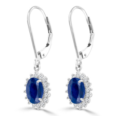Oval Blue Sapphire & Round Diamond Oval Halo Drop/Dangle Earrings in White Gold (MDR220057)