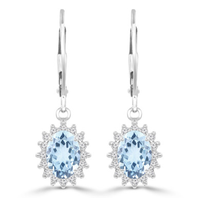 Oval Blue Topaz & Round Diamond Oval Halo Drop/Dangle Earrings in White Gold (MDR220058)