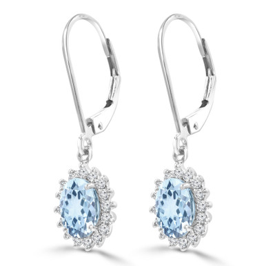 Oval Blue Topaz & Round Diamond Oval Halo Drop/Dangle Earrings in White Gold (MDR220058)